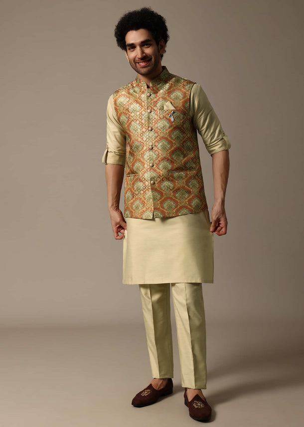 Orange Printed Jacquard Kurta Jacket Set For Men