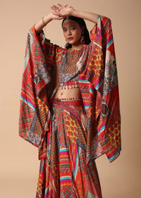 Orange Printed Lehenga With Embroidered Crop Top