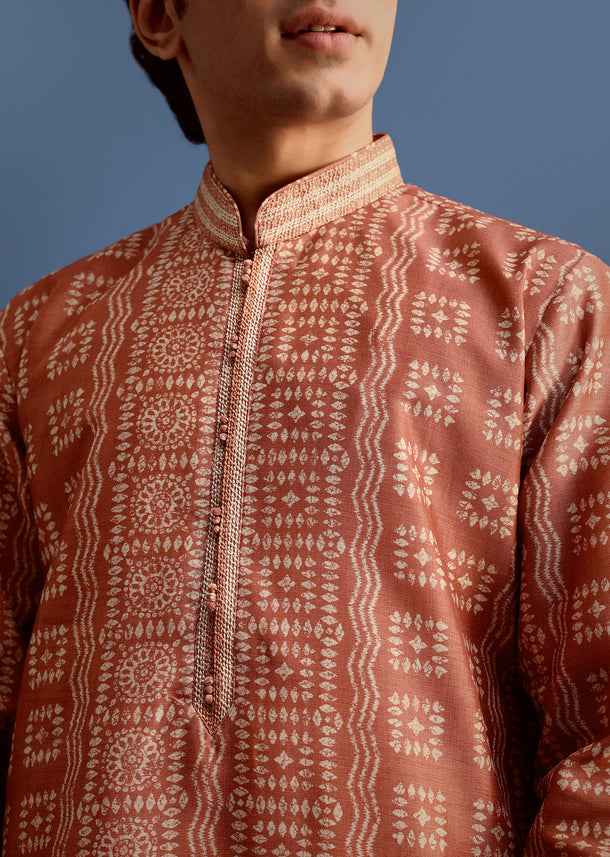 Orange Printed Silk Kurta Set For Men