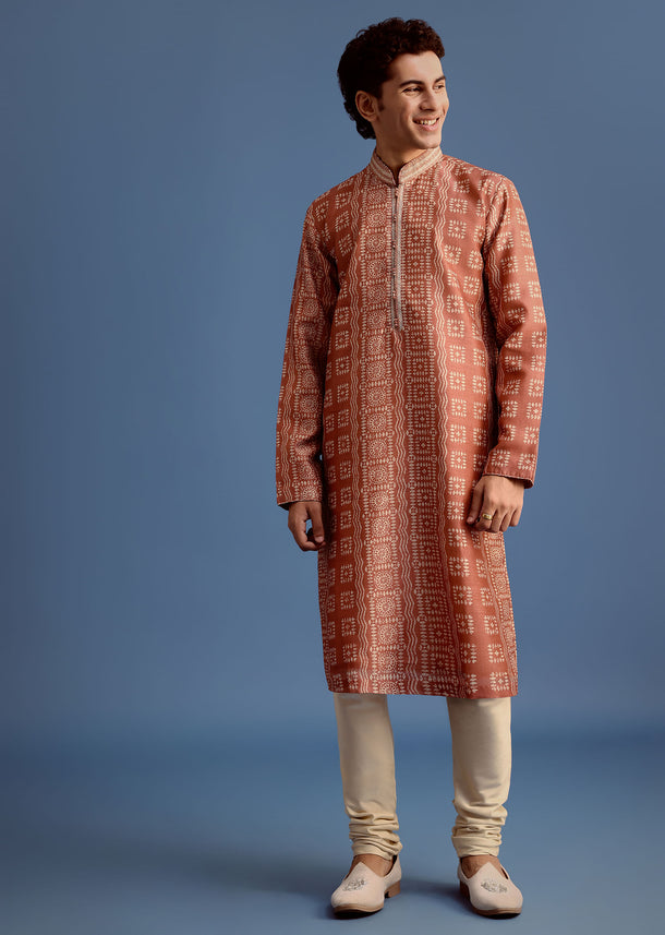 Orange Printed Silk Kurta Set For Men