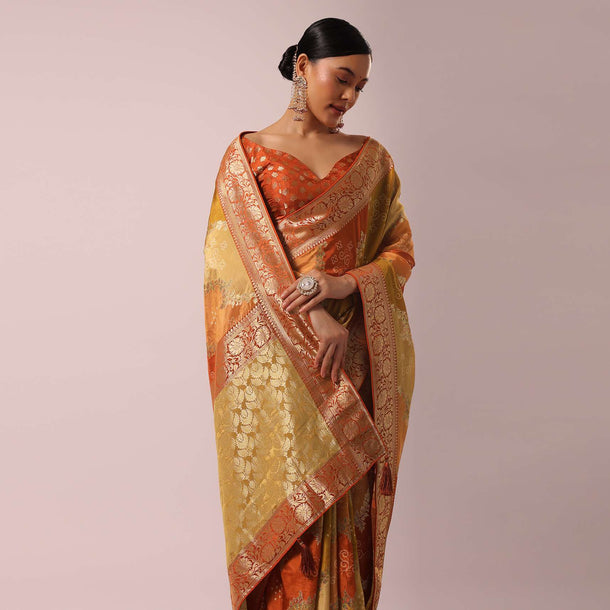 Orange Rangkat Saree With Bandhani Detail In Silk