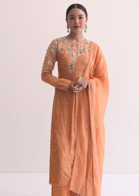 Orange Resham Kurta Pant Set With 3D Florals