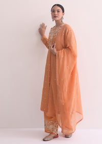 Orange Resham Kurta Pant Set With 3D Florals