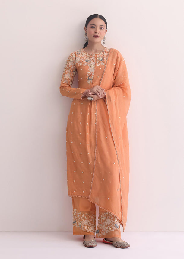 Orange Resham Kurta Pant Set With 3D Florals