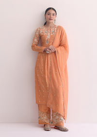 Orange Resham Kurta Pant Set With 3D Florals