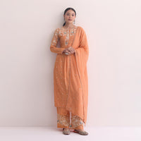 Orange Resham Kurta Pant Set With 3D Florals