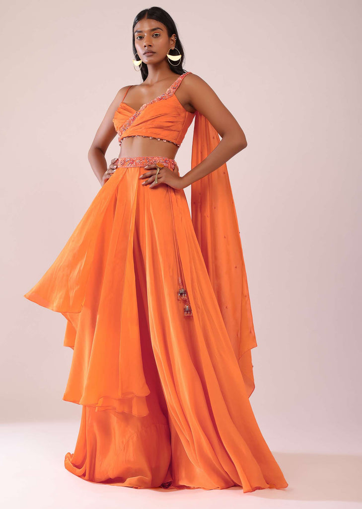 Orange Satin Organza Drape Lehenga And Blouse Set With Attached Pallu