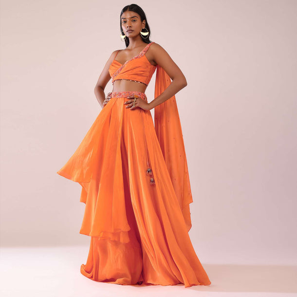 Orange Satin Organza Drape Lehenga And Blouse Set With Attached Pallu