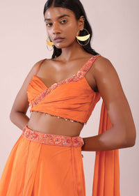 Orange Satin Organza Drape Lehenga And Blouse Set With Attached Pallu