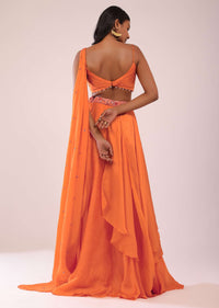 Orange Satin Organza Drape Lehenga And Blouse Set With Attached Pallu