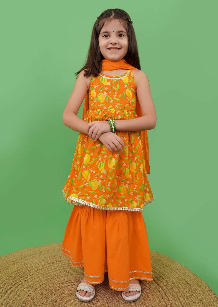 Kalki Girls Orange Sharara Suit In Cotton With A Flared Mango Printed Kurti By Tiber Taber