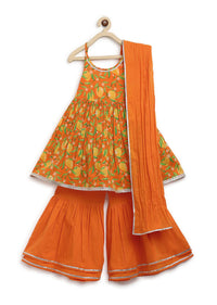 Kalki Girls Orange Sharara Suit In Cotton With A Flared Mango Printed Kurti By Tiber Taber