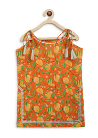 Kalki Girls Orange Sharara Suit In Cotton With A Straight Cut Mango Print Strappy Kurti By Tiber Taber