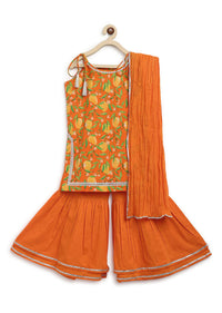 Kalki Girls Orange Sharara Suit In Cotton With A Straight Cut Mango Print Strappy Kurti By Tiber Taber
