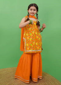 Kalki Girls Orange Sharara Suit In Cotton With A Straight Cut Mango Print Strappy Kurti By Tiber Taber