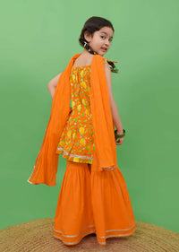 Kalki Girls Orange Sharara Suit In Cotton With A Straight Cut Mango Print Strappy Kurti By Tiber Taber