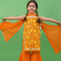 Kalki Girls Orange Sharara Suit In Cotton With A Straight Cut Mango Print Strappy Kurti By Tiber Taber