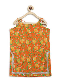 Kalki Girls Orange Sharara Suit In Cotton With A Straight Cut Mango Print Strappy Kurti By Tiber Taber