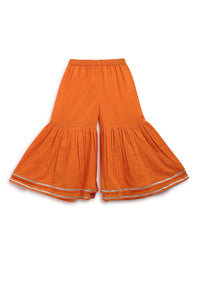 Kalki Girls Orange Sharara Suit In Cotton With A Straight Cut Mango Print Strappy Kurti By Tiber Taber