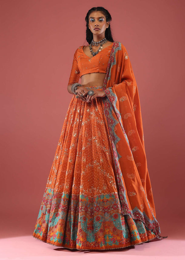 Fire Orange Silk Bandhni Print Lehenga With Hand Embroidery