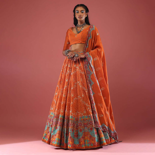 Fire Orange Silk Bandhni Print Lehenga With Hand Embroidery