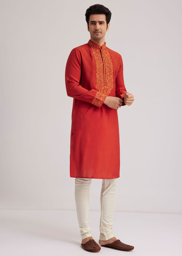 Orange Silk Poly Viscose Kurta Set With Thread Embroidery