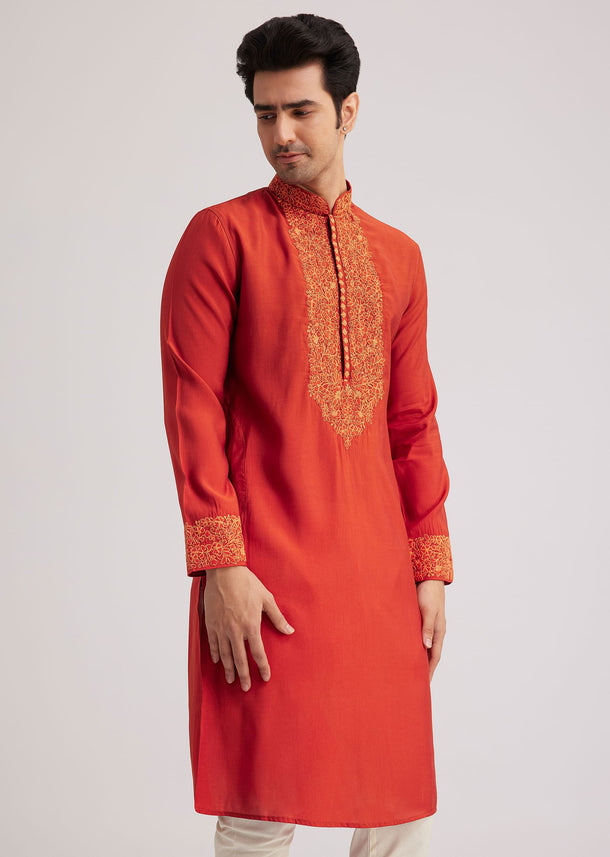 Orange Silk Poly Viscose Kurta Set With Thread Embroidery