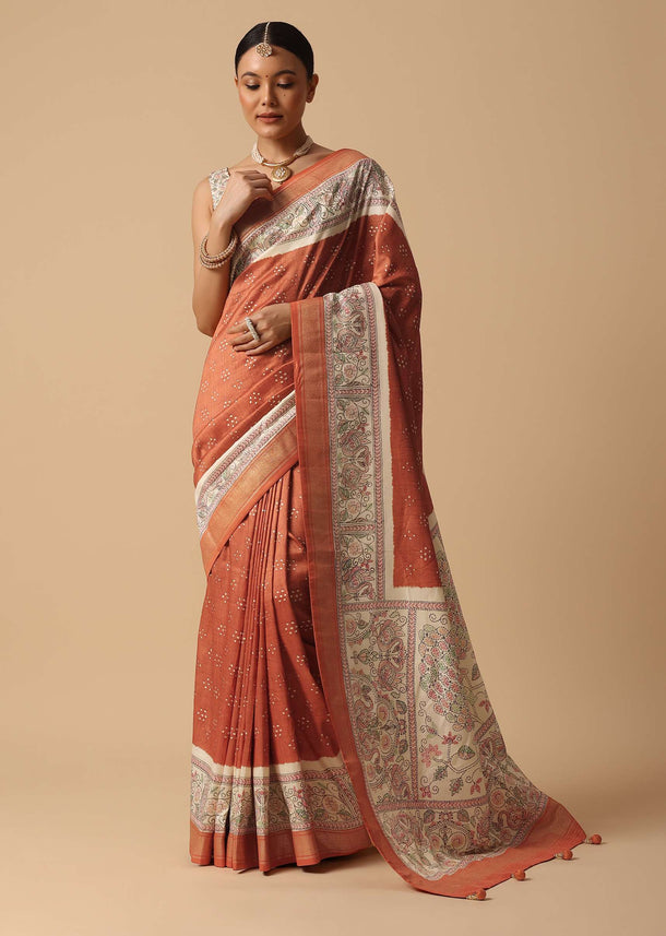 Orange Silk Saree With Kalamkari Work And Digital Print With Unstitched Blouse