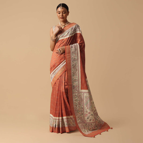 Orange Silk Saree With Kalamkari Work And Digital Print With Unstitched Blouse