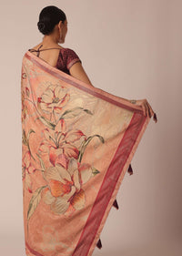 Orange Silk Saree With Kalamkari Digital Work And Unstitched Blouse Piece
