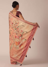 Orange Silk Saree With Kalamkari Digital Work And Unstitched Blouse Piece