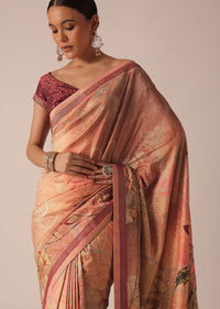 Orange Silk Saree With Kalamkari Digital Work And Unstitched Blouse Piece