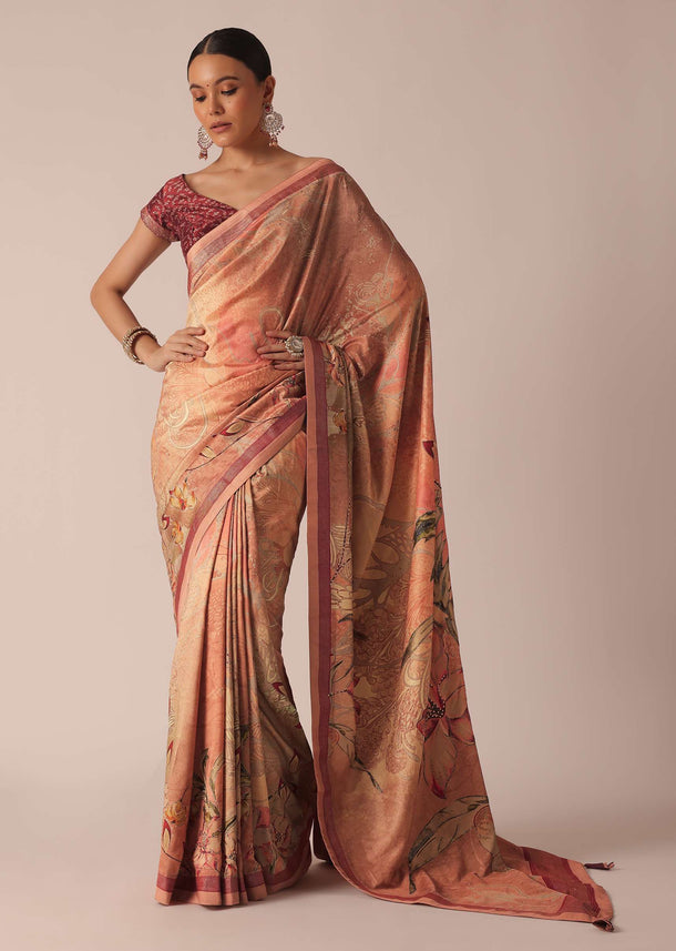 Orange Silk Saree With Kalamkari Digital Work And Unstitched Blouse Piece