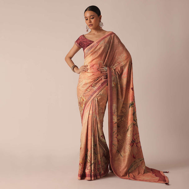 Orange Silk Saree With Kalamkari Digital Work And Unstitched Blouse Piece