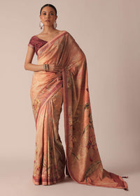 Orange Silk Saree With Kalamkari Digital Work And Unstitched Blouse Piece