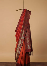 Orange South Silk Saree With Zari Woven Pallu And Unstitched Blouse Piece