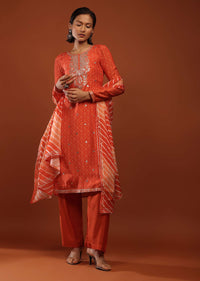 Tangerine Orange Suit With Bandhani Print And Gotta Patti Embrodiered Yoke Design
