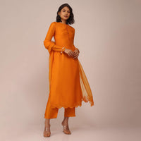 Orange Suit Set In Art Silk Adorned With Tassels