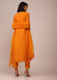 Orange Suit Set In Art Silk Adorned With Tassels