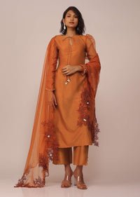 Orange Suit Set In Art Silk With Tassles On The Sleeves And Dupatta