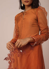 Orange Suit Set In Art Silk With Tassles On The Sleeves And Dupatta