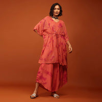 Fire Orange Tie Dye Kaftan Set In V Neckline With A Tie-Up Tassel Dori At The Front