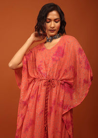 Fire Orange Tie Dye Kaftan Set In V Neckline With A Tie-Up Tassel Dori At The Front