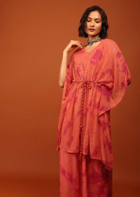 Fire Orange Tie Dye Kaftan Set In V Neckline With A Tie-Up Tassel Dori At The Front