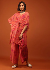 Fire Orange Tie Dye Kaftan Set In V Neckline With A Tie-Up Tassel Dori At The Front