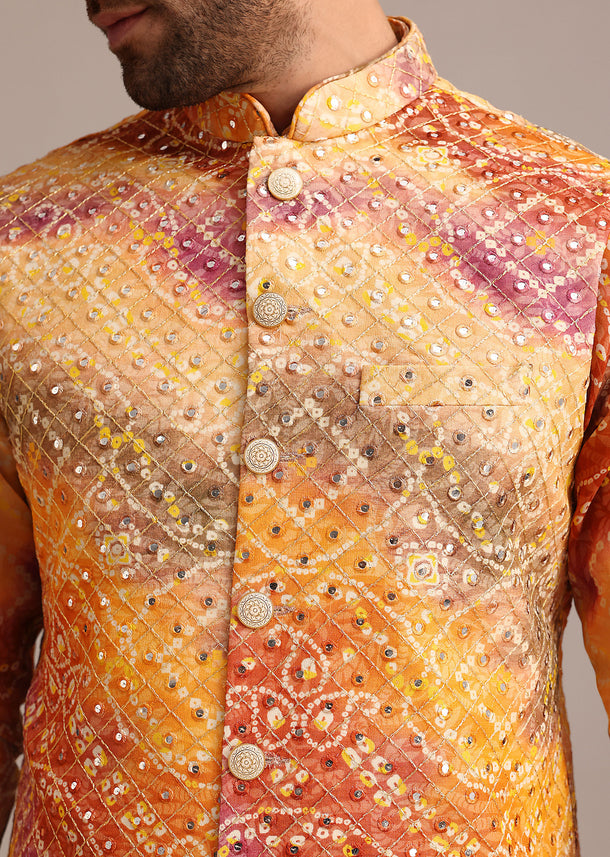 Orange Tie Dye Jacket Kurta And Jacket Set With Mirror Work