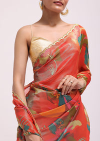 Orange Tissue Silk Printed Saree With Unstitched Blouse