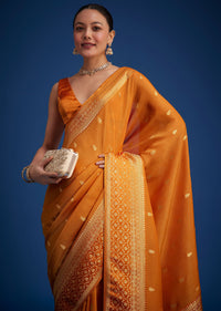 Orange Tissue Silk Saree With Zari Border And Butti Work
