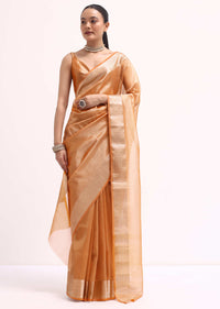 Orangish Gold Zari Chanderi Silk Saree With Unstitched Blouse
