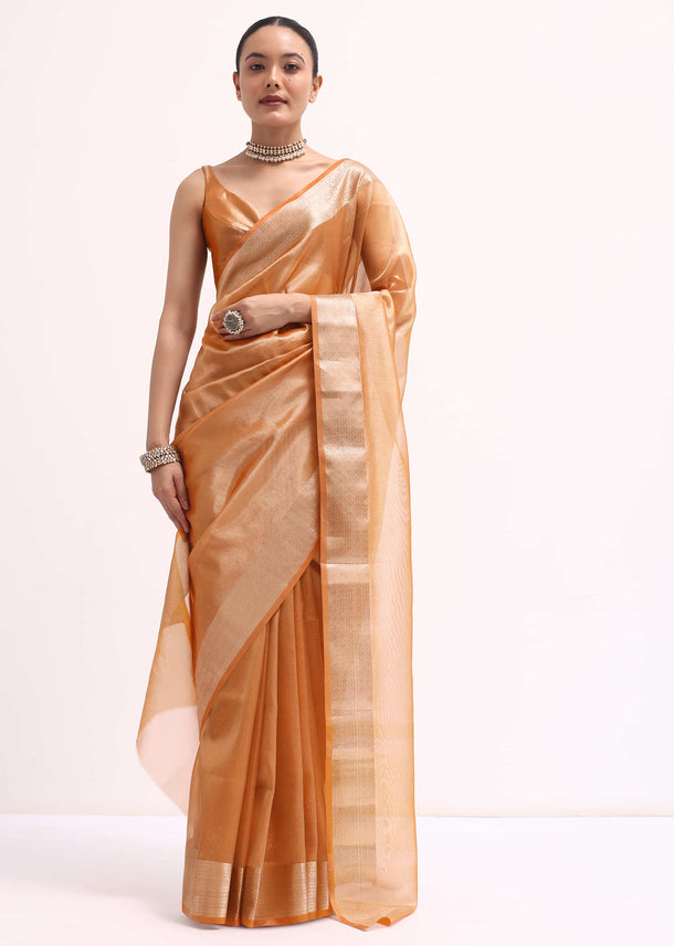 Orangish Gold Zari Chanderi Silk Saree With Unstitched Blouse